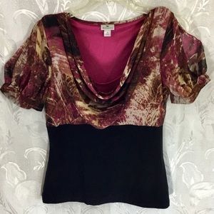 Worthington Sheer Pink Tan Black Cold Shoulder Top